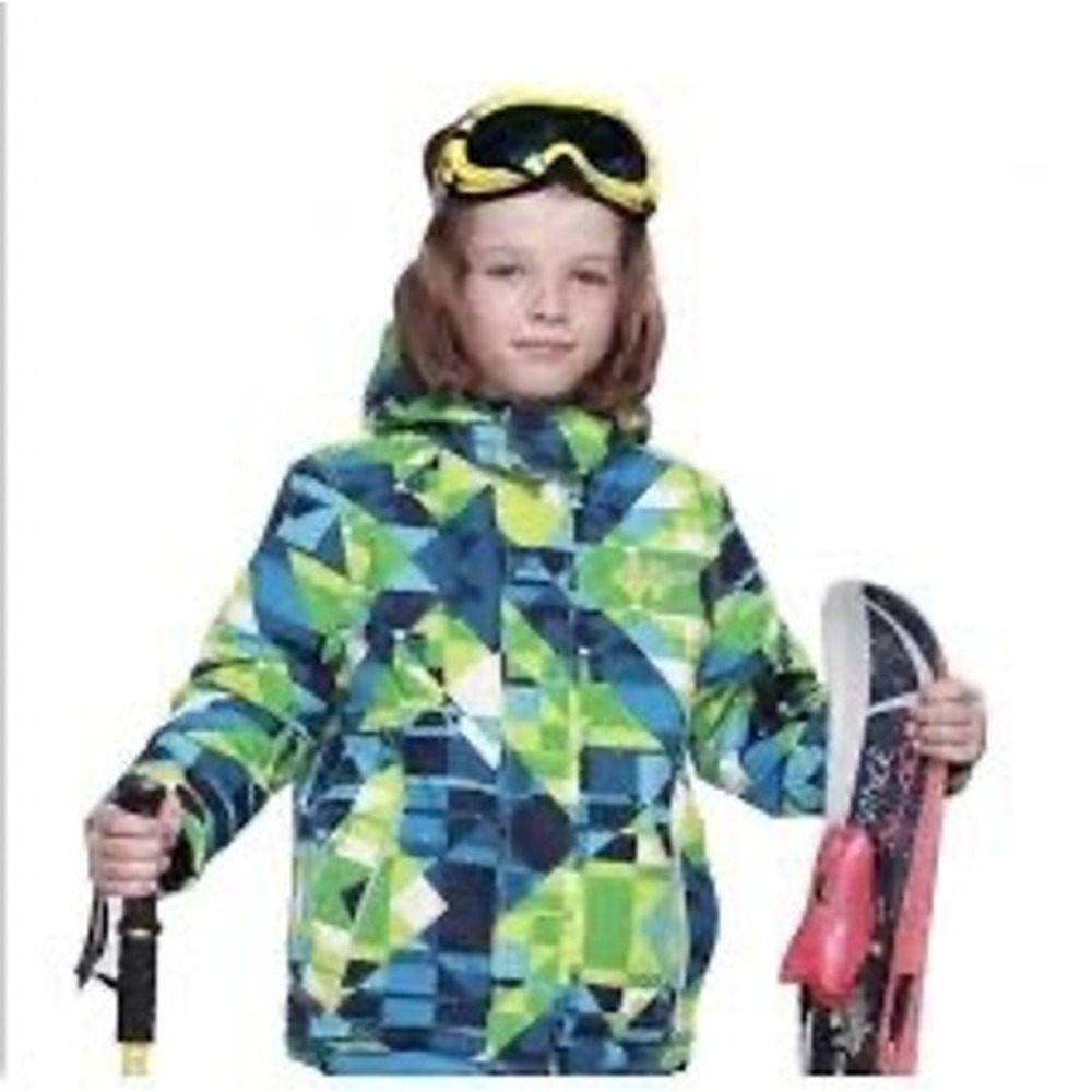 Phibee Kids Outdoor Geometric Print Ski Jacket Blue Green Hooded Winter Coat 164